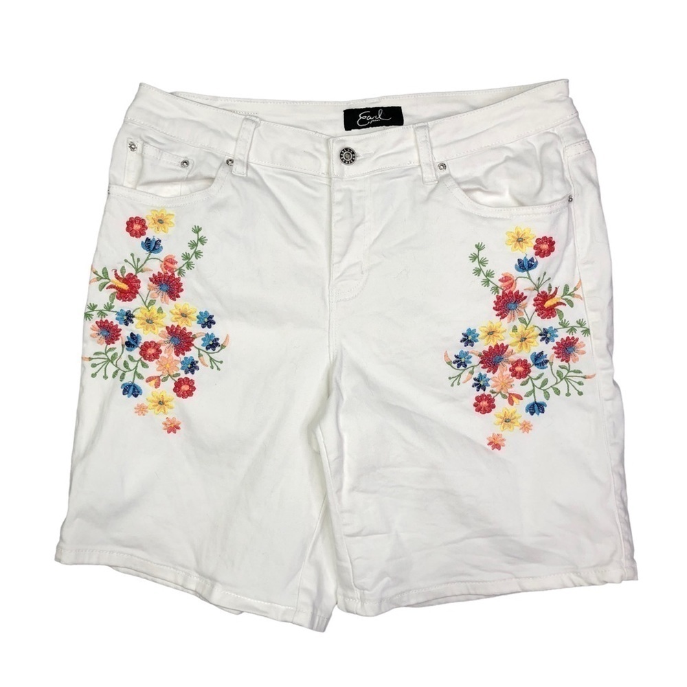 Earl Jeans white denim shorts stretch floral embroidery 12